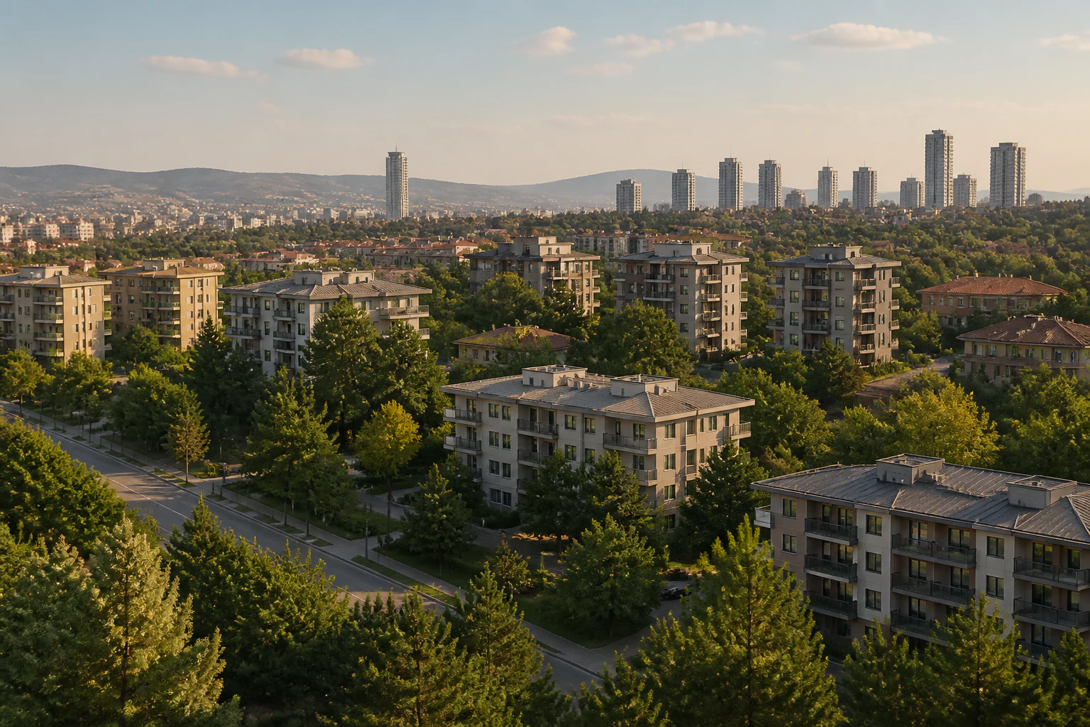Ağaçların arasında modern konut blokları ve uzak kent dokusu