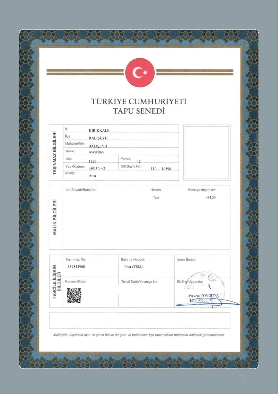 Kırıkkale Balışeyh için 495,30 metrekare arsa tapu senedi örneği