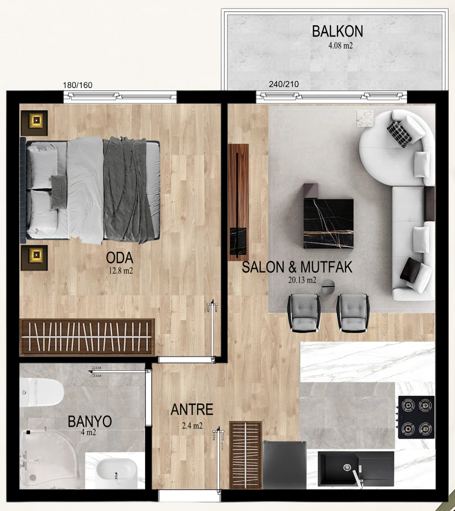 Viole Manzara 1+1 daire planı ve 43,41 m² net alan özeti
