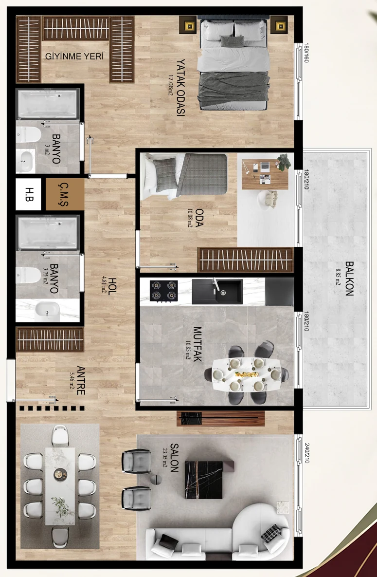 Viole Manzara 2+1 daire planı ve 86,91 metrekare net alan özeti