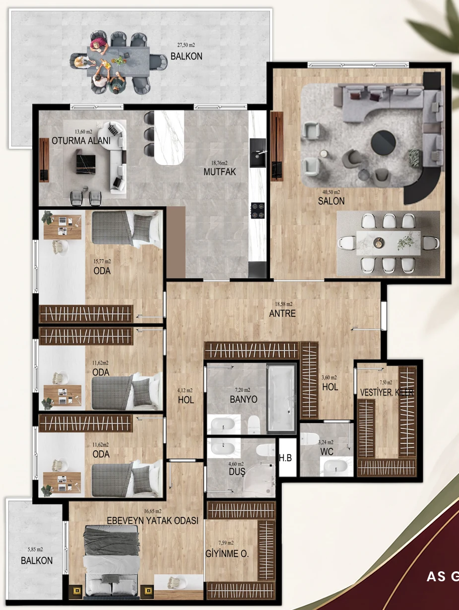 Viole Manzara 4,5+1 daire planı ve 218,30 metrekare net alan özeti