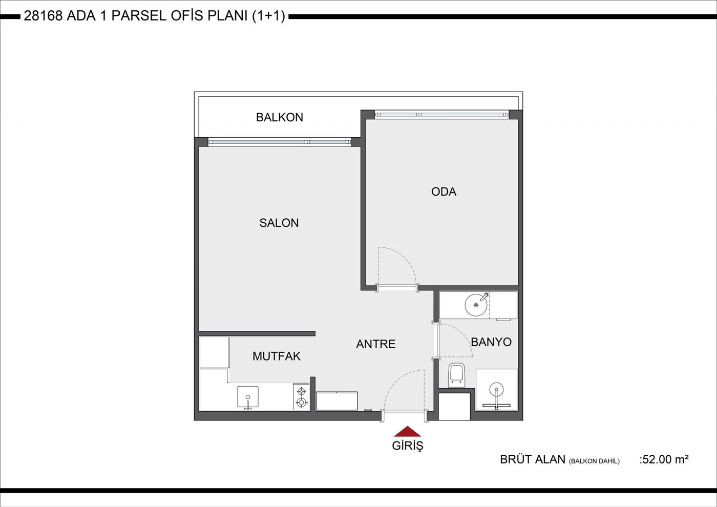 Viole Meydan 1+1 home office planı, 43,70 metrekare net ve 52,20 metrekare brüt alan